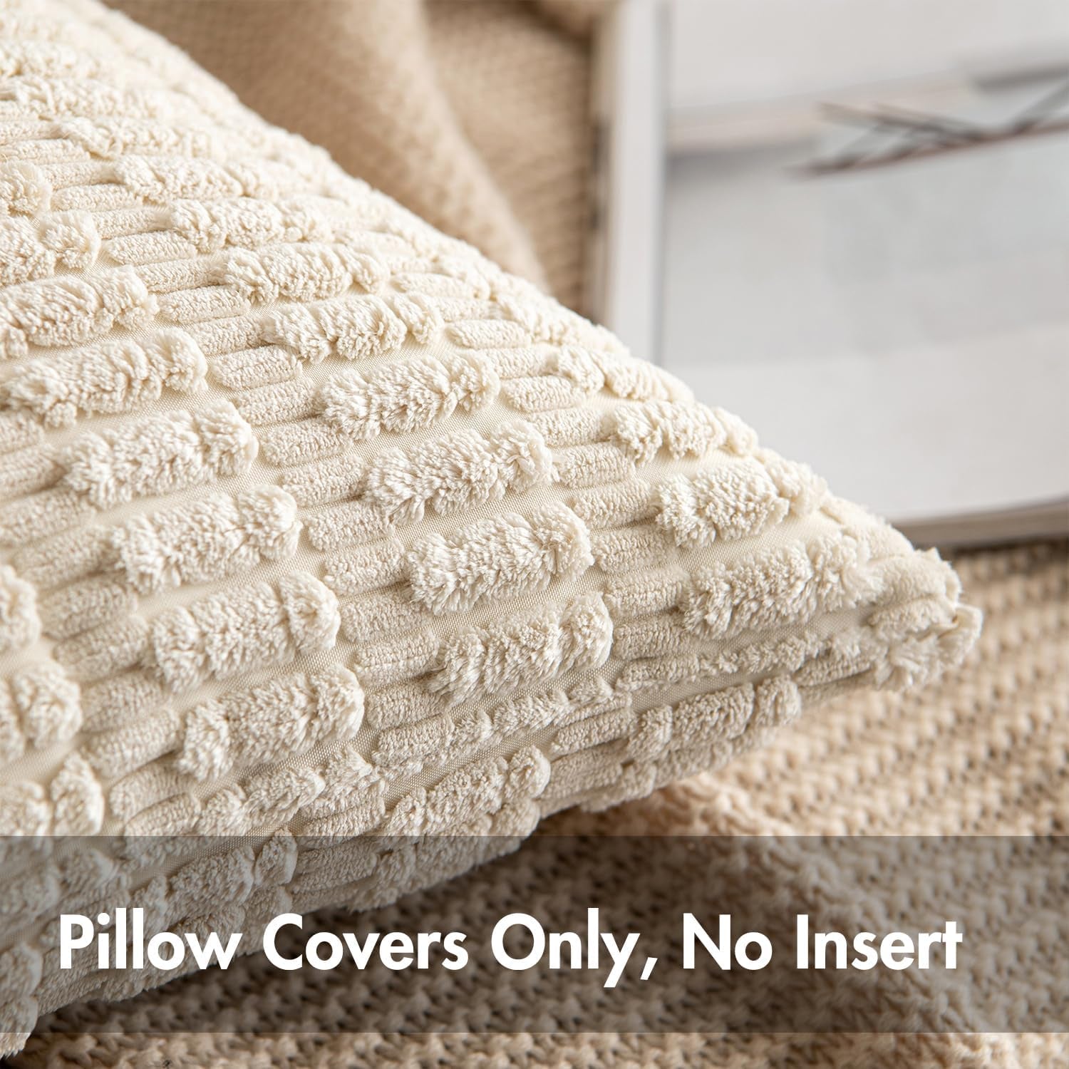 Pack of 2 Corduroy Decorative Throw Pillow Covers 18X18 Inch Soft Boho Striped Pillow Covers Modern Farmhouse Home Decor for Sofa Living Room Couch Bed Cream White